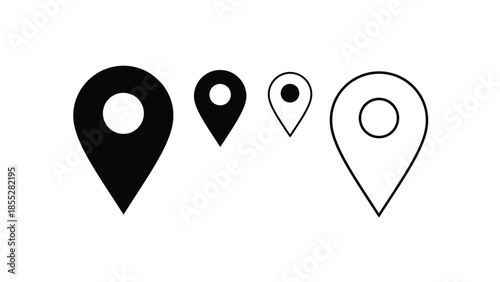 Black and white location pin icons in varying styles and sizes