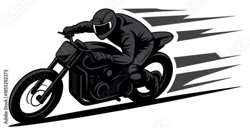 A solitary motorcycle rider races forward with speed lines indicating rapid motion.