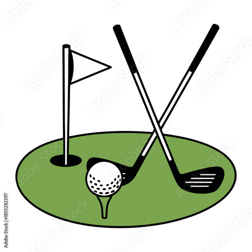 A golf ball sits on a tee with crossed clubs and a flag on a putting green.