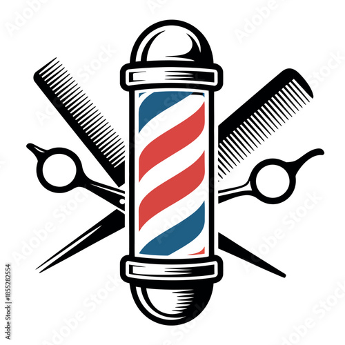 A barber pole is displayed with scissors and combs symbolizing a haircut.