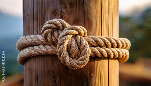 Knotted Rope On A Wooden Pole In Close Up