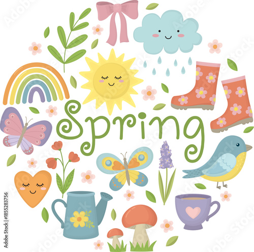 Spring round banner with sun, cloud, rainbow, flowers, bow, watering can, cup, bird, rubber boots. Cute illustration with seasonal elements