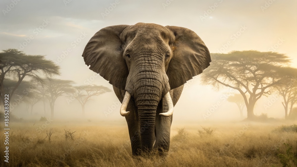 Fototapeta premium Majestic African Elephant with Large Tusks in Misty Landscape