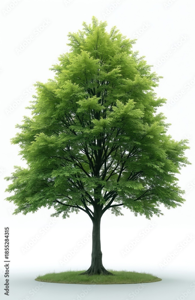 Obraz premium Single elm tree with vibrant green leaves stands on small patch of grass against clean white backdrop. Branches spread wide, creating full canopy. Botanical specimen perfect for educational
