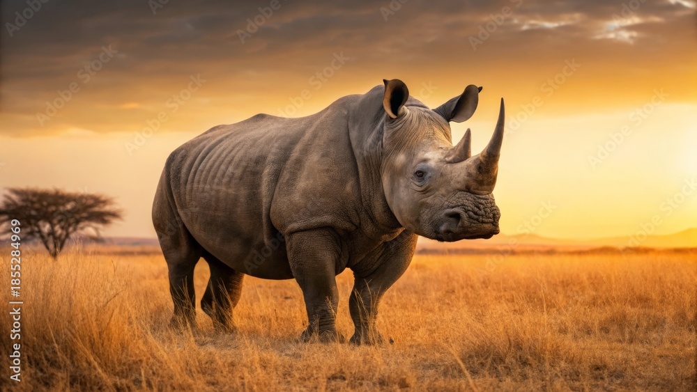 Obraz premium Majestic rhinoceros with thick armored hide in savanna