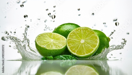 vibrant green whole halved limes with pulp dynamic water splashes droplets on a white background high key studio light commercial photography concept for beverage advertising