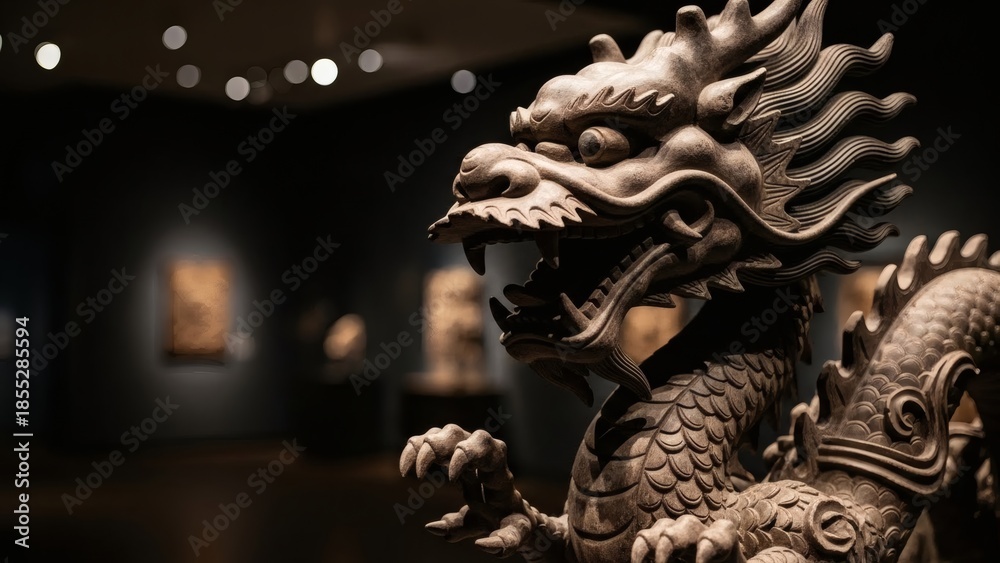 Fototapeta premium Ancient dragon sculpture on display in a modern art gallery setting for Appreciate a Dragon Day