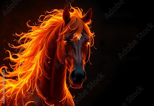 Majestic Fire Horse portrait — frontal view, flaming eyes and mane, dark background, bold lighting, minimalist New Year poster aesthetic.