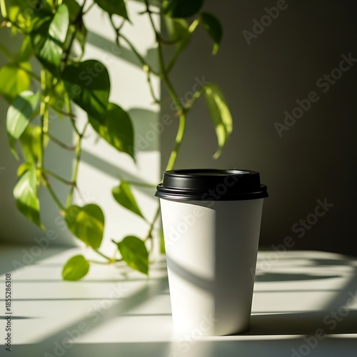 A white coffee cup with a black lid on a table with a plant