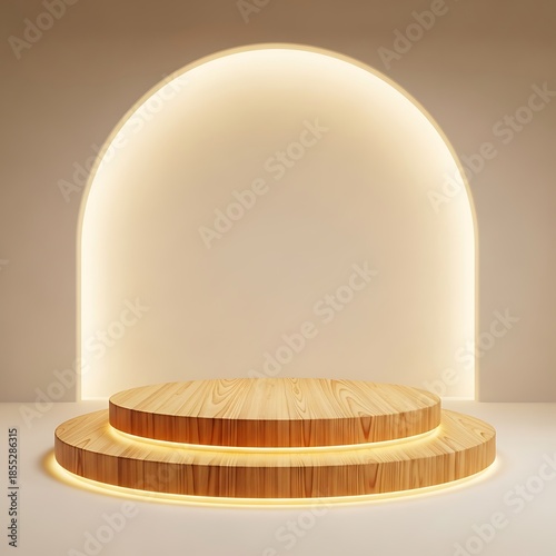 Modern wooden display podium with glowing lights on beige background