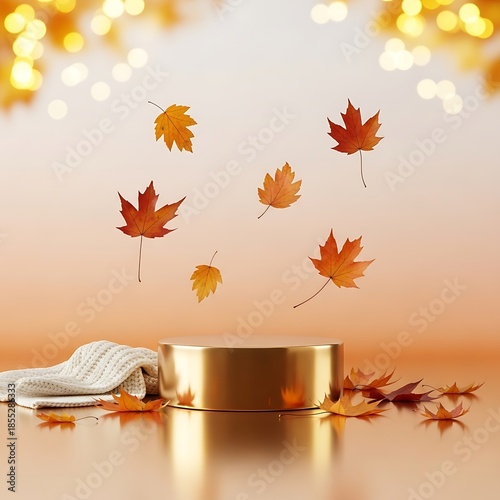 Golden cylinder with autumn leaves and towel on table