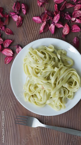 Close-Up of Creamy Pesto Tagliatelle Pasta