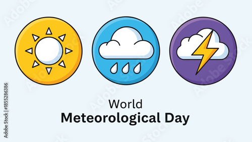 World Meteorological Day with weather icons: bright sun, rain cloud, and lightning storm. Global World Meteorological Day celebrates meteorology, atmospheric science, and climate awareness.