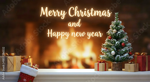 Christmas tree with gifts and decorations, happy new year 2026, merry Christmas greeting card
