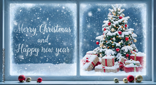 Christmas tree and snow wallpaper happy new year 2026, Merry Christmas greeting card