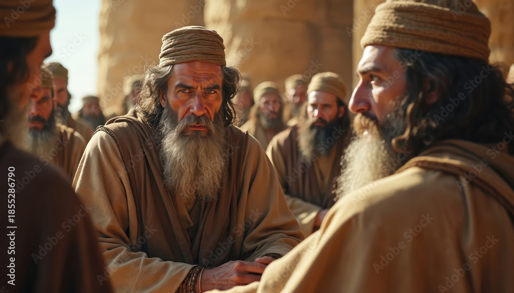 Fototapeta premium Men in robes and headdresses outdoors. They appear serious as they gather in a group. Their beards and attire suggest ancient Israelite culture.