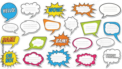 Decorative Comic Speech Bubbles with Blank Spaces and Exclamations Hello, Wow, Bam, Oh No, Think, isolated white background