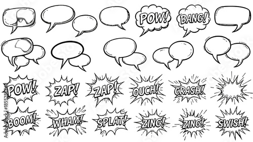 Black Outline Comic Speech Bubbles and Sound Effects Set on Isolated White Background