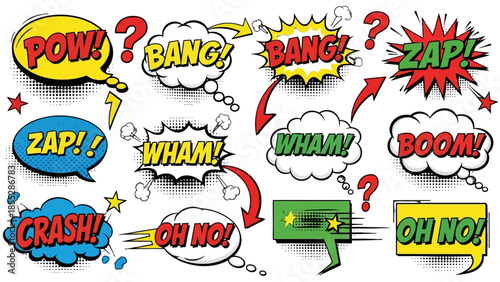Action-Packed Comic Sound Effect Speech Bubbles with Exclamations on Isolated White Background