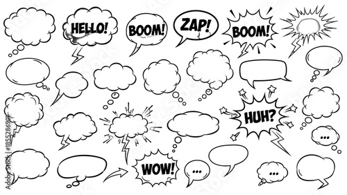 Extensive Monochrome Comic Speech Bubbles and Thought Bubbles Collection with Hello, Boom, Zap, Wow, Huh, isolated white background.