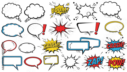 Comprehensive Set of Comic Speech Bubbles, Thought Bubbles, and Action Bursts with Exclamations like Zap, Pow, Crash, isolated white background.