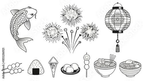 Collection of Japanese Cultural Elements Featuring Koi Fish, Fireworks, Lantern, and Traditional Foods in Outline Style, isolated white background.