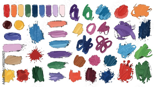 Abstract Colorful Paint Brush Strokes and Splatters Collection, isolated white background.