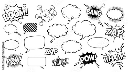 Monochrome Comic Speech Bubbles and Action Sound Effects Set with Boom, Pow, Bang, Zap, Wham on isolated white background.