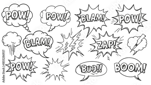 Monochrome Comic Speech Bubbles and Action Sound Effects Set with Pow, Blam, Zap, Boom, Boo on isolated white background.