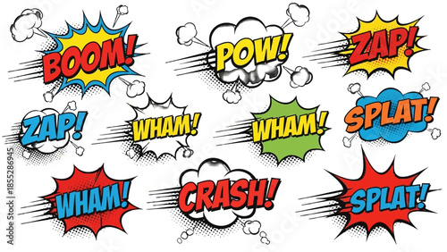 Comic Speech Bubbles and Action Sound Effects Set with Boom, Zap, Wham, Splat, Pow, Crash on Halftone White Background.