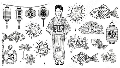 Traditional Japanese Cultural Elements Line Art Set with Kimono Woman Lanterns and Koi Fish on Isolated White Background
