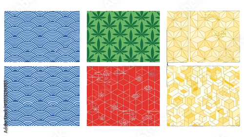 Set of Four Seamless Geometric Patterns in Japanese Style with Waves and Traditional Motifs