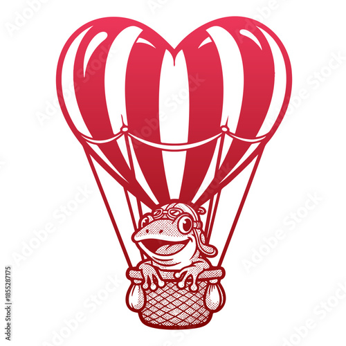 cute frog rides in a heart-shaped hot air balloon cute illustration in retro halftone cartoon style