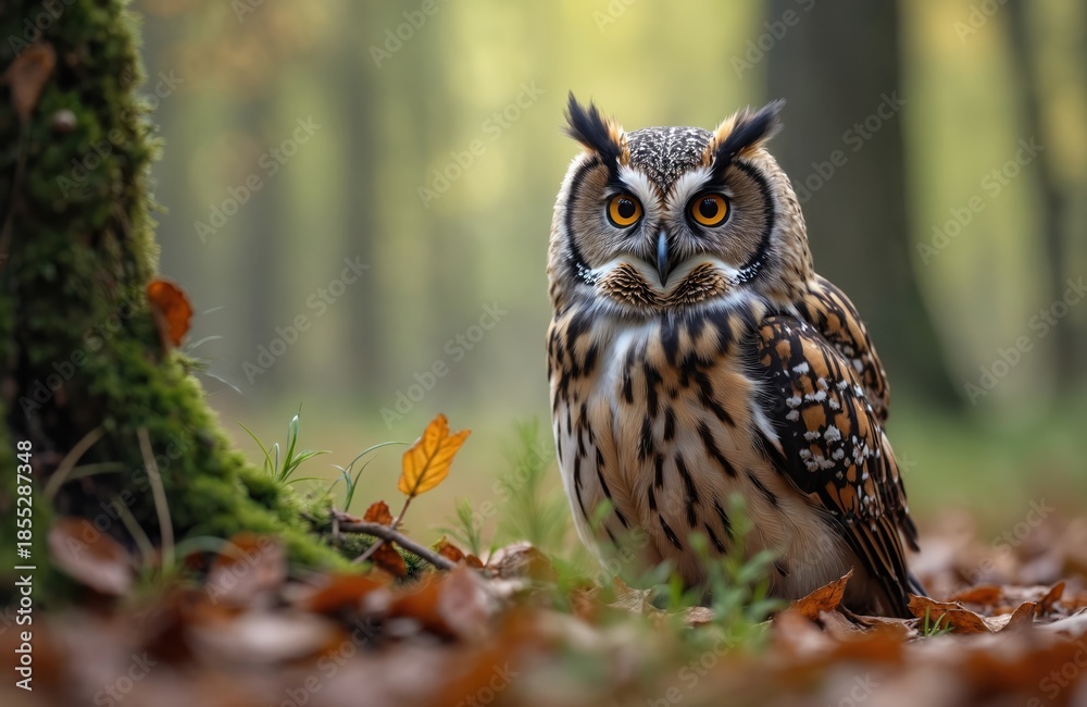 Obraz premium Eurasian pygmy owl sits on forest floor with autumn leaves. Bird has yellow eyes and detailed plumage. It looks alert in a fir grove habitat. Wildlife photo captures its natural environment.