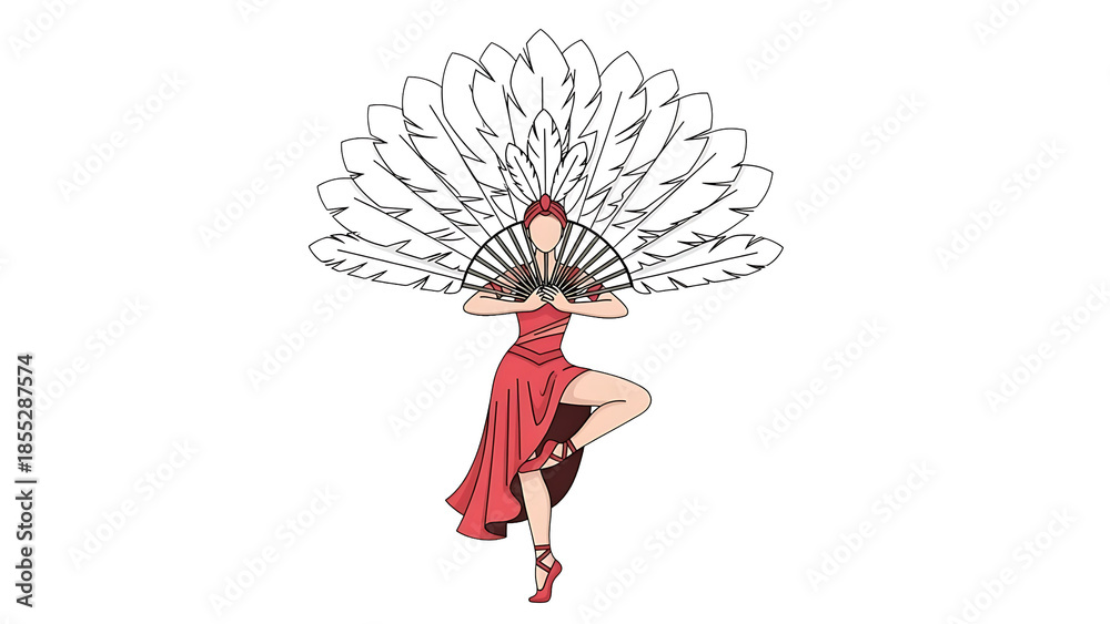 Obraz premium A cartoon woman in a red dress holding a large white feather fan on transparent background
