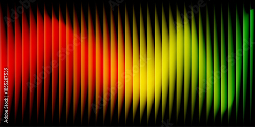 Vibrant Traffic Light Gradient on Vertical Ribbed Glass, Abstract Red Yellow and Green Motion Blur Texture for Modern Digital Tech Design.