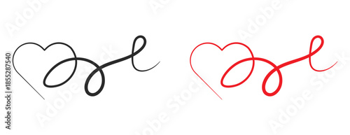 Continuous line heart shape with ribbon tail, elegant love symbol vector design in black and red
