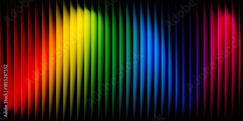 Dynamic Rainbow Gradient Vertical Fins, Abstract Prism Ribbed Glass Texture with Multi Color Light Distortion for Futuristic Tech Background.