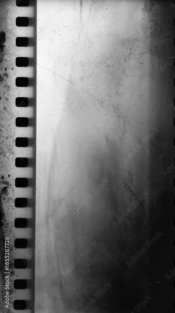 Obraz premium vintage blank filmstrip revealing perforated edges and subtle scratches in monochrome gradient for nostalgic wallpaper or cinematic background