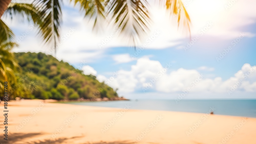Obraz premium Tropical beach scene with palm trees and sandy shore