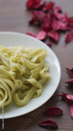 Close-Up of Creamy Pesto Tagliatelle Pasta
