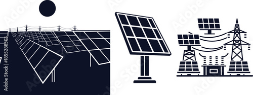Solar power farm and electricity transmission tower with solar panels Keywords: solar farm, solar energy, renewable energy
