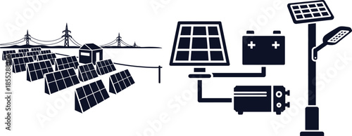 Solar power station with panels, battery, inverter, and street lamp Keywords: solar power, solar energy, renewable energy, solar