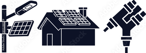 Solar powered street lamp house and power connector icons renewable energy solar panels
