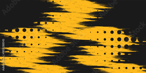 Black and yellow abstract background with brushstroke and halftone style.