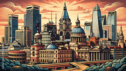 Very beautiful vintage-style engraving sketch illustration of London cityscape with tall buildings, presenting a detailed artistic interpretation suitable for posters, prints, and design backgrounds.