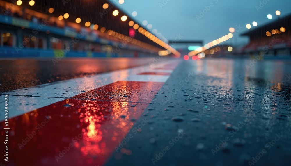 Fototapeta premium Wet asphalt racetrack glows with blurred colorful lights under rain. Red and white lines mark the track. Night motorsport pit lane with bokeh effect creates moody atmosphere. Dynamic racing ambiance.