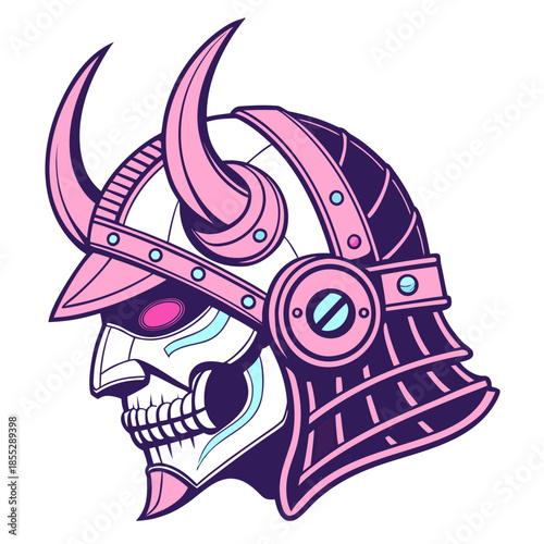 Cyberpunk Samurai Oni Mask Vector: Futuristic Robotic Warrior Helmet with Horns in Pink and Purple Neon Synthwave Style, Sci-Fi Japanese Culture Graphic Art