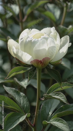 Time lapse,  growing blossom, single white peony flower in full bloom dominates scene against lush green leaves, evoking tranquility and beauty, floral study, serenity, nature, springtime festivity, d