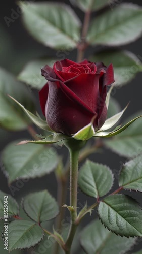 Time lapse,  growing blossom, single, vibrant red rosebud in full bloom dominates scene against dark green leaves, evoking tranquility and natural beauty, romance, and serenity, themes: nature, beauty